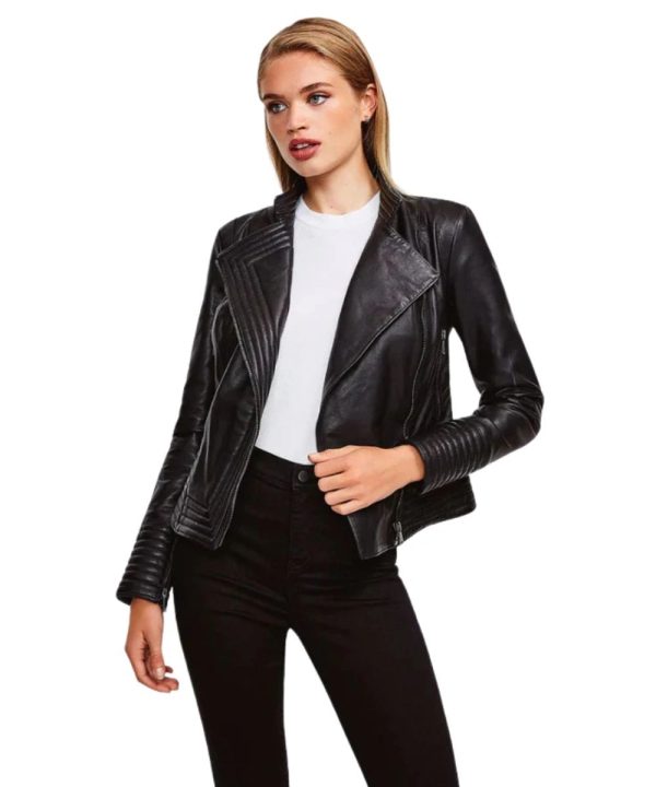 Womens Motorcycle Sheepskin Leather Biker Jacket Black