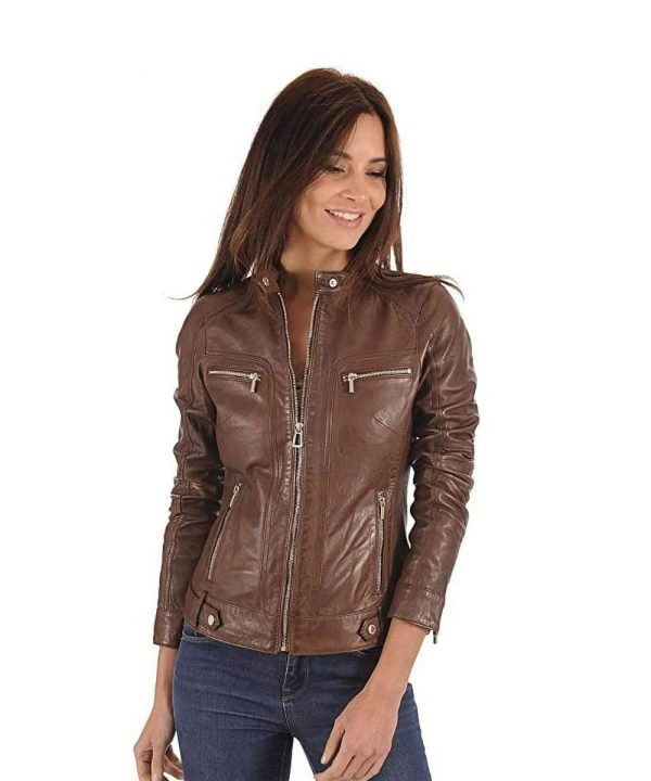 Womens Motorcycle Slim Fit Biker Leather Jacket Brown