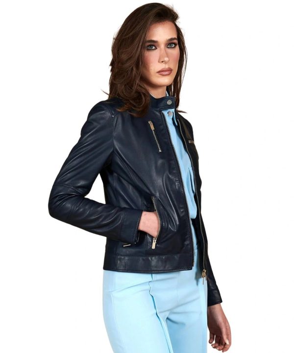 Womens Navy blue Distressed Biker Leather Bomber Jacket