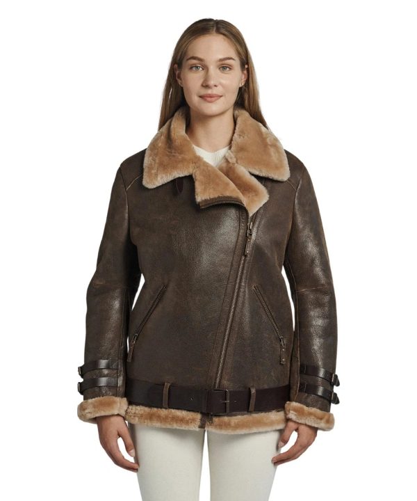 Womens Oversized Dark Brown Shearling Leather Bomber Jacket