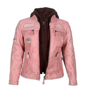 Womens Pink Leather Motorcycle Bomber Jacket