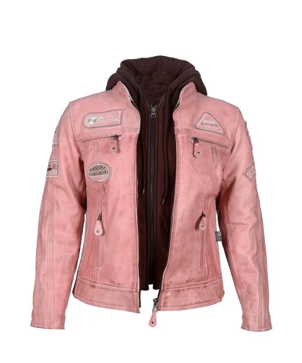 Womens Pink Leather Motorcycle Bomber Jacket