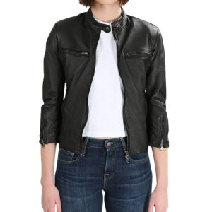Womens R13 Cafe Racer Leather Bomber Jacket Black