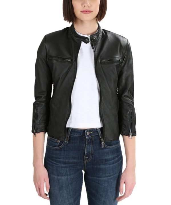 Womens R13 Cafe Racer Leather Bomber Jacket Black