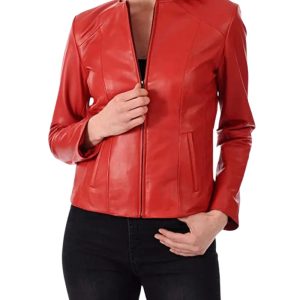 Womens Red Motorcycle Biker Leather Bomber Jacket