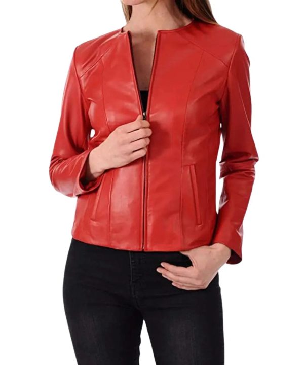 Womens Red Motorcycle Biker Leather Bomber Jacket