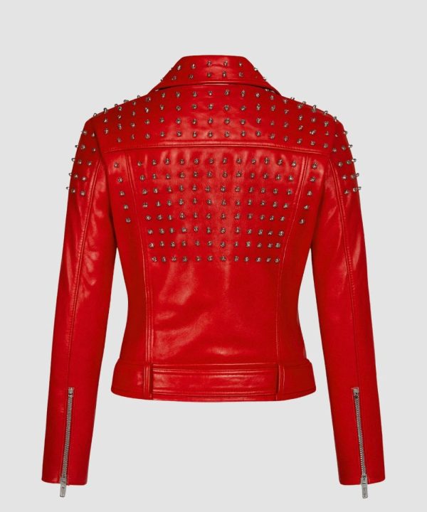 Womens Red Studded Leather Bomber Jacket