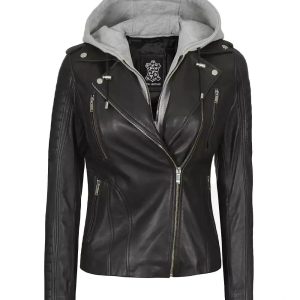 Womens Removable Hooded Real Leather Jacket Black