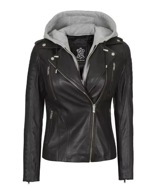 Womens Removable Hooded Real Leather Jacket Black
