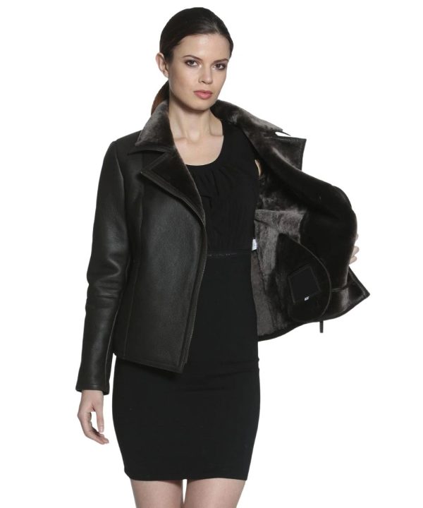 Womens Shearling Genuine Black Leather Sheepskin Jacket