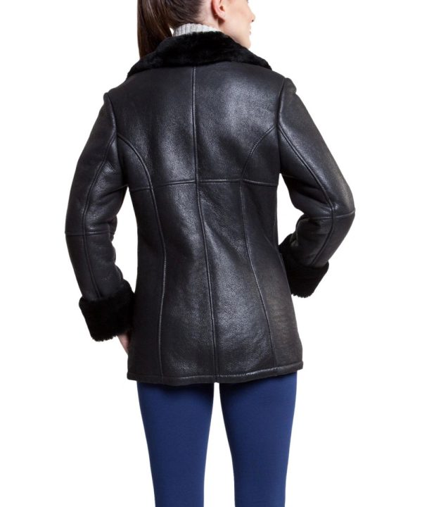 Womens Sheepskin Shearling Leather Bomber Jacket Black