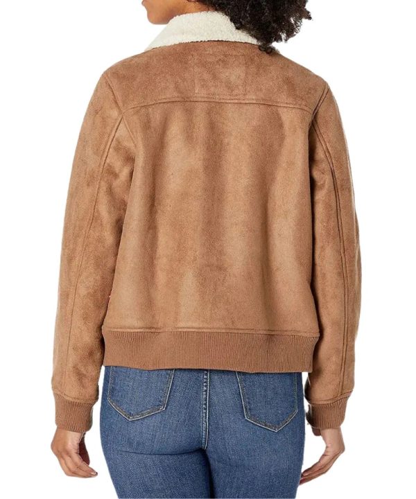 Womens Sherpa Aviator Shearling Brown Suede Leather Bomber Jacket