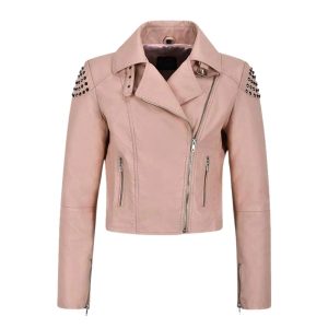 Womens Skull Cropped Studded Biker Leather Jacket Pink