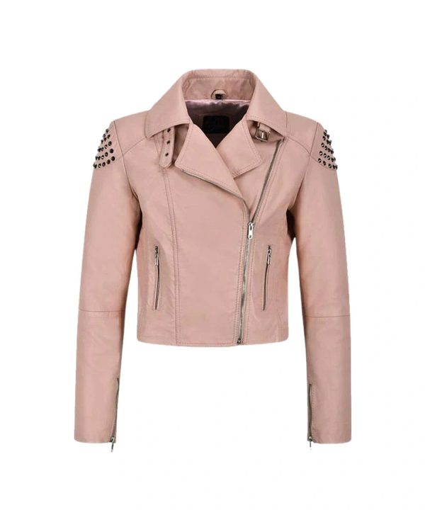 Womens Skull Cropped Studded Biker Leather Jacket Pink
