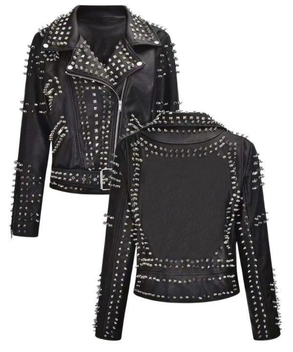 Womens Slim-Fit Studded Moto Spikes Genuine Leather Jacket Black