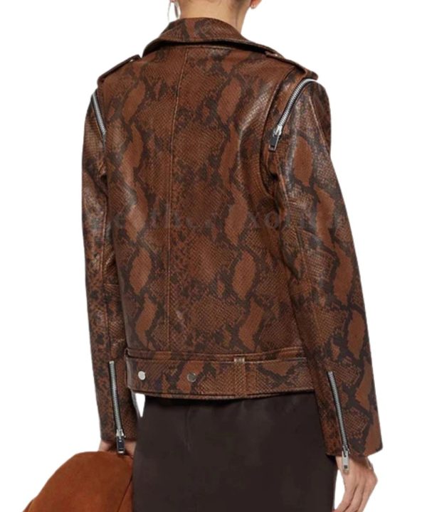 Womens Snake Print Brown Biker Leather Bomber Jacket