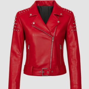 Womens Studded Red Leather Bomber Jacket
