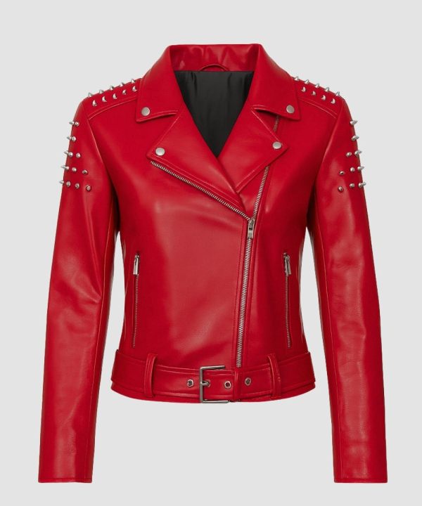 Womens Studded Red Leather Bomber Jacket