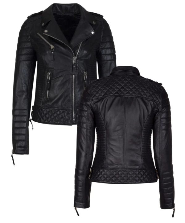 Womens Stylish Moto Biker Leather Bomber Jacket Black