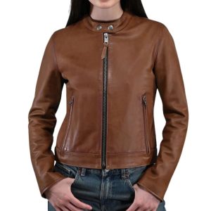 Womens Tobacco Brown Frye Cafe Racer Leather Jacket