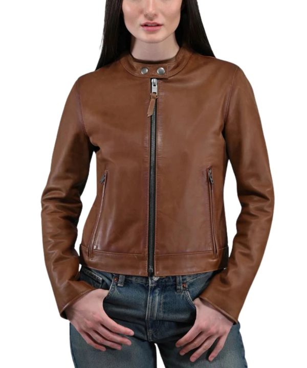 Womens Tobacco Brown Frye Cafe Racer Leather Jacket