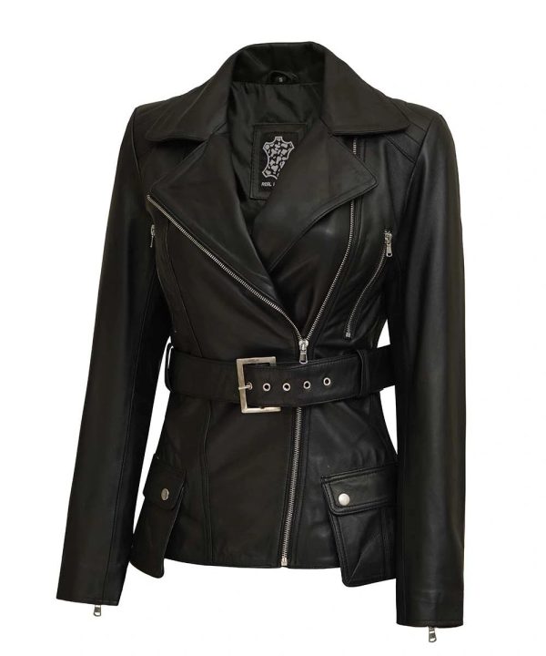 Womens Victoria Asymmetrical Leather Jacket Black