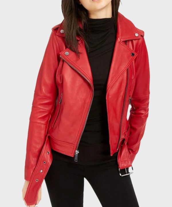Womens Vintage Red Motorcycle Biker Leather Bomber Jacket