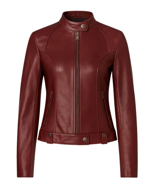 Womens Biker Burgundy Leather Jacket Maroon
