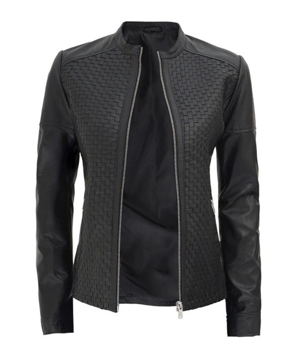 Womens Black Leather Cafe Racer Textured Jacket