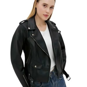 Womens Black Motorcycle Leather Bomber Jacket