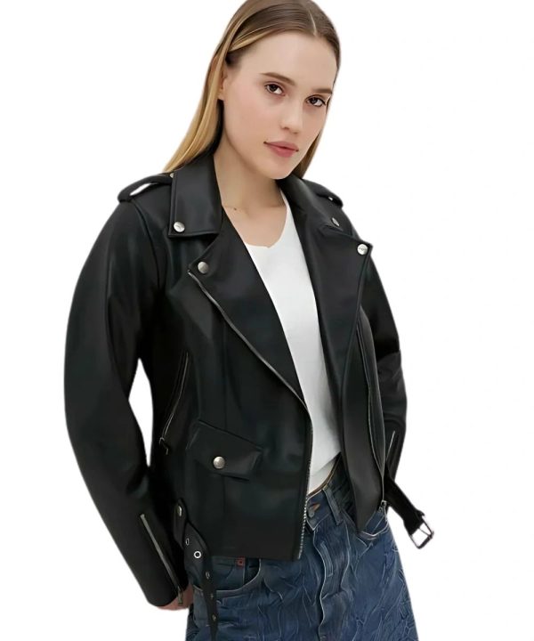 Womens Black Motorcycle Leather Bomber Jacket