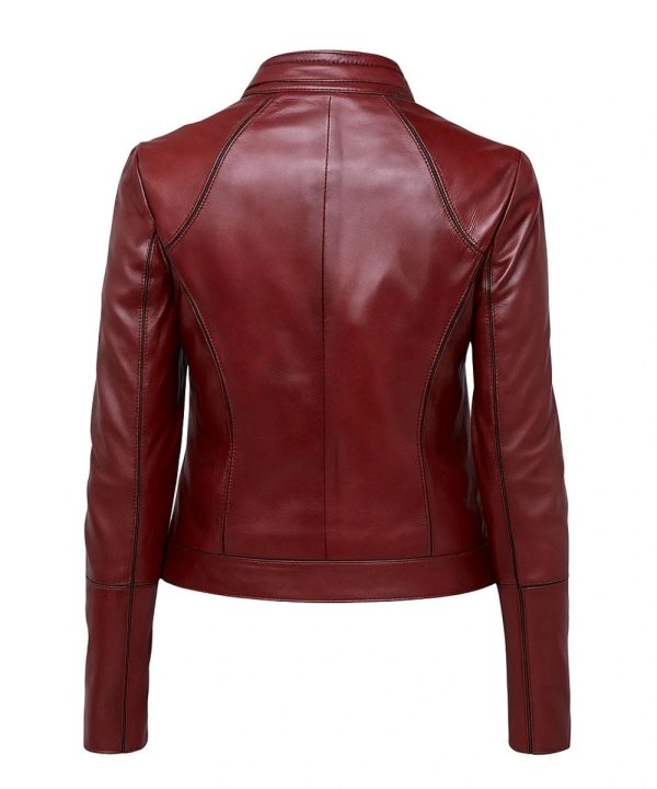 Womens Burgundy Biker Leather Jacket Maroon