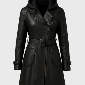Womens Hooded Black Faux Leather Coat