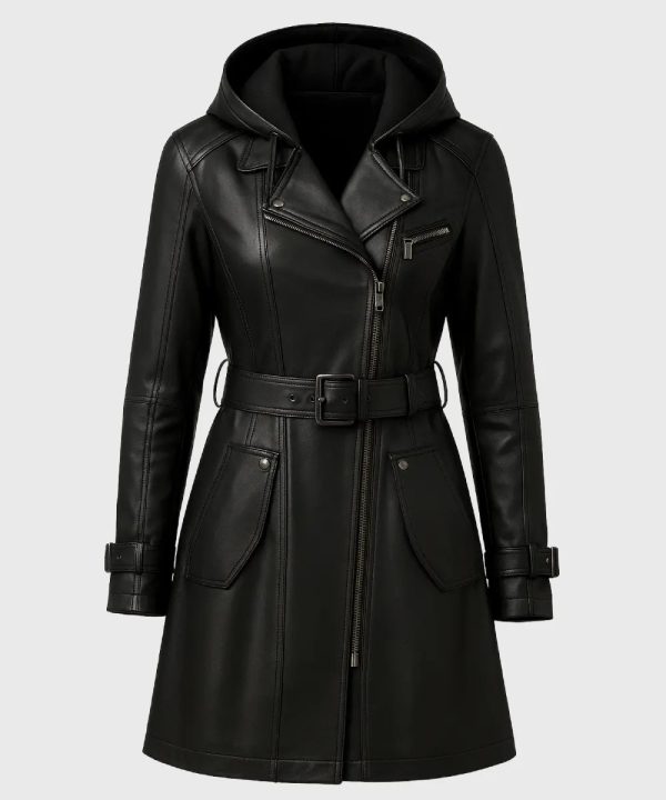 Womens Hooded Black Faux Leather Coat