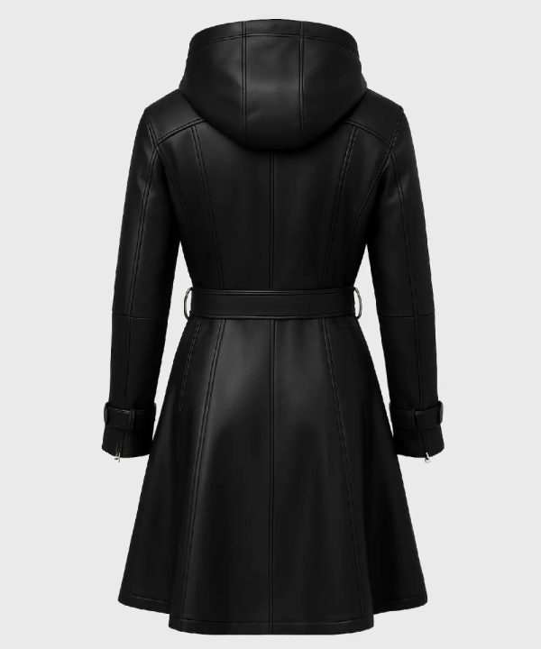 Womens Hooded Faux Leather Coat Black