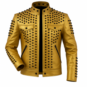 Mens Golden Leather Jacket with Black Studs