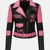 Womens Pink & Black Graffiti Studded Leather Jacket