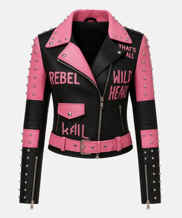Womens Pink & Black Graffiti Studded Leather Jacket