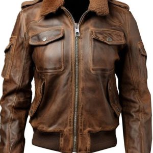 Women's Vintage Distressed Brown Leather Bomber Jacket