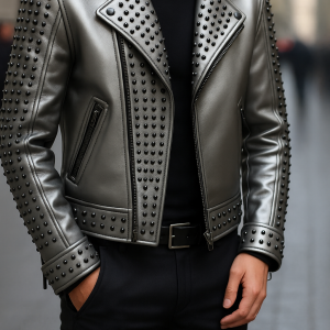 Metallic Silver Biker Jacket with Black Studs – Bold & Sleek Style