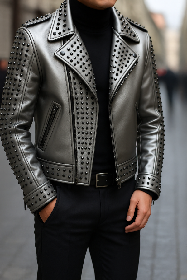 Metallic Silver Biker Jacket with Black Studs – Bold & Sleek Style