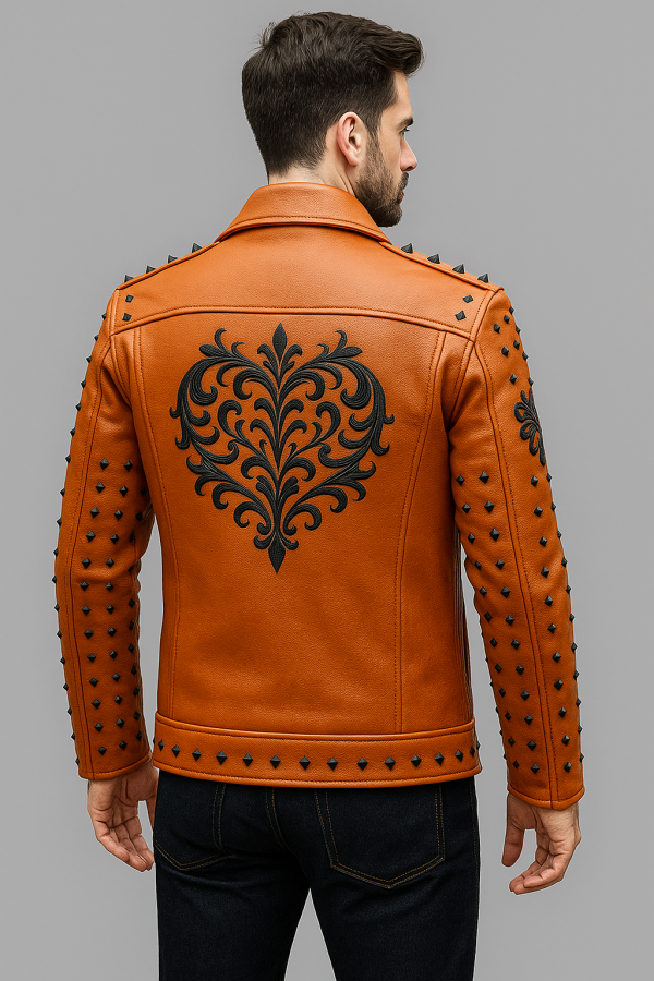 Orange Studded Leather Jacket with Baroque Heart Back - Image 2