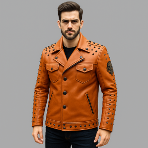 Orange Studded Leather Jacket with Baroque Heart Back