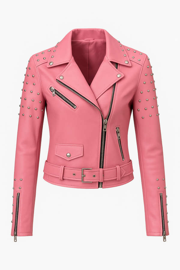 Pink Gothic Studded Biker Jacket – Bold. Rebellious. Iconic