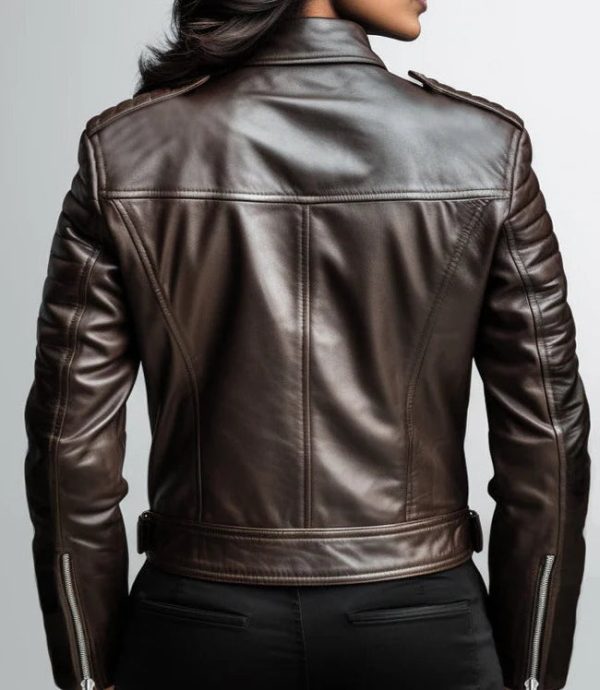 Women Classy Dual Color Brown Leather Jacket - Image 2