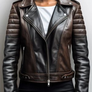 Women Classy Dual Color Brown Leather Jacket