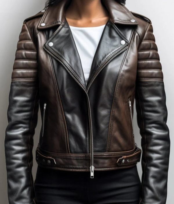 Women Classy Dual Color Brown Leather Jacket