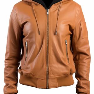womens brown leather jacket with hood front view