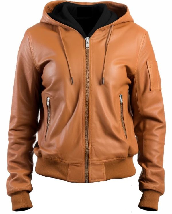 womens brown leather jacket with hood front view