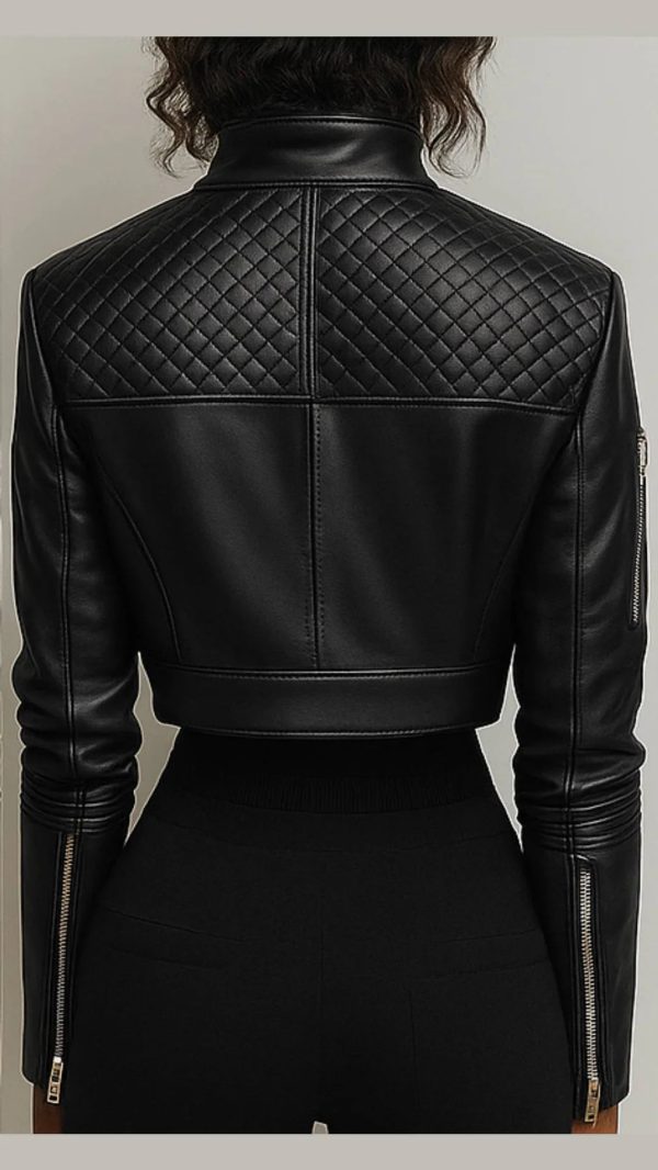 Women Esme Black  Leather Jacket with Diamond Pattern Design - Image 2